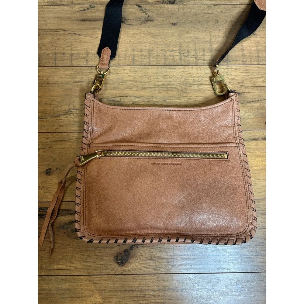 Aimee Kestenberg Tan Leather Whipstitch Crossbody Bag Gold Turn Lock Messenger